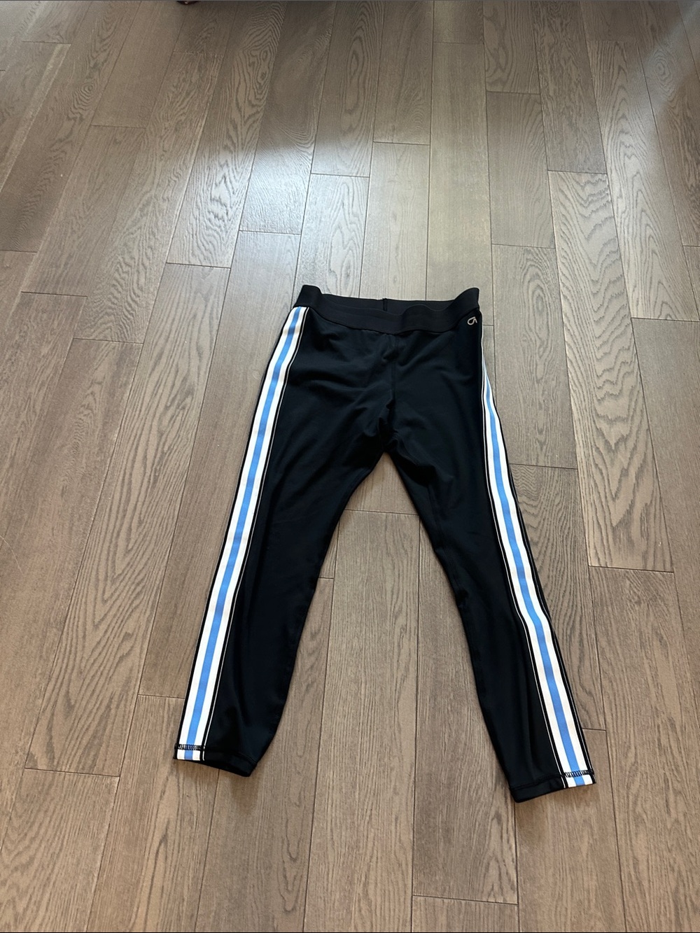 Women Black Athletic Leggings with Blue Stripe